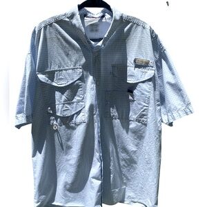 Columbia PFG Super Bonehead Men’s Fishing Shirt L Blue Gingham Vent Back Utility